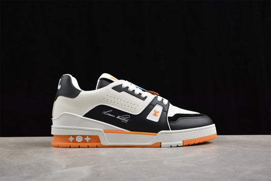 Louis Vuitton LV Trainer Sneaker Low – Black/White/Orange Italian Handmade Luxury)